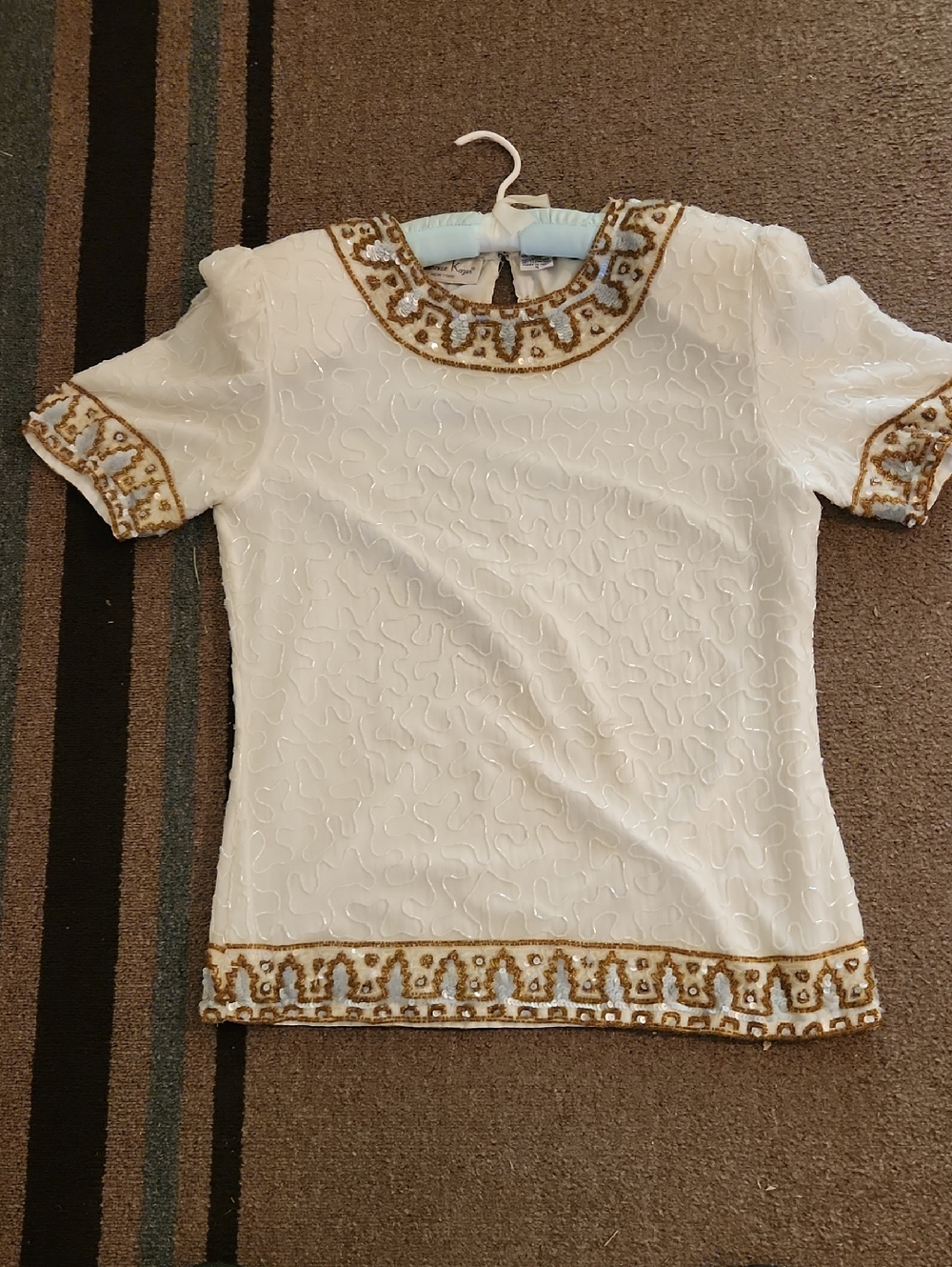 Laurence Kazar White Silk Top with Gold Beaded Trim